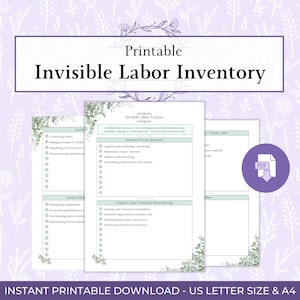 Könnte beinhalten: Druckbare "Invisible Labor Inventory" mit floralem Design. Das Dokument enthält Abschnitte für emotionale, Haushalts-, soziale und kognitive Arbeit, mit Checklisten für jede Kategorie. Das PDF-Symbol ist im Bild sichtbar.