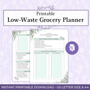 Puede incluir: Un planificador de compras imprimible de bajo desperdicio con un diseño floral. El planificador incluye secciones para controles de despensa y refrigerador, bolsas de compras reutilizables y una lista de compras. El texto "Low-Waste Grocery Planner" se muestra de forma destacada.
