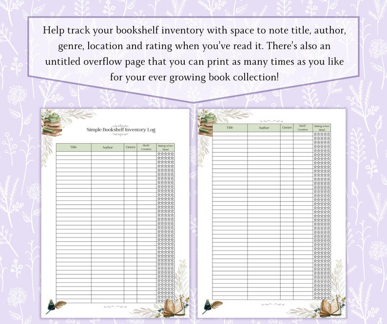 Simple Bookshelf Inventory Printable PDF, Book Inventory Log, Personal ...