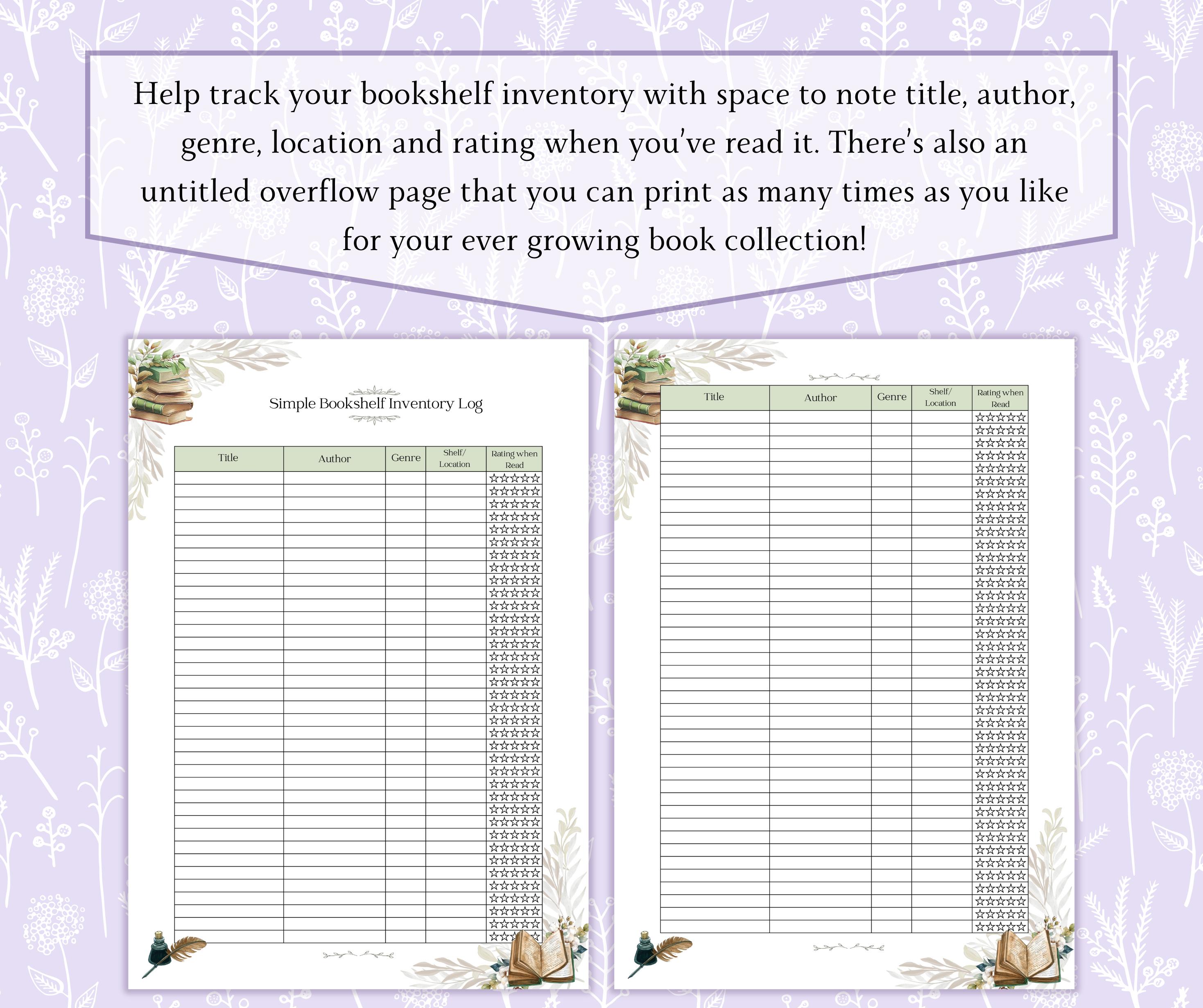 Simple Bookshelf Inventory Printable PDF, Book Inventory Log, Personal ...