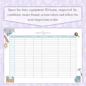 Equipment Inspection Log Printable PDF | Tool Inspection Sheet ...