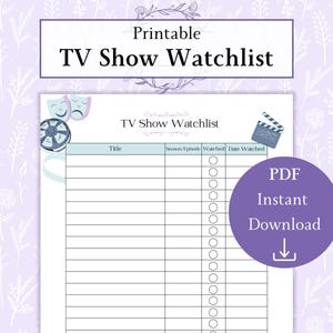 TV Series Watchlist Printable PDF | Watchlist Template | TV Show Watch List | Tv Show Checklist | Tv Watching Log