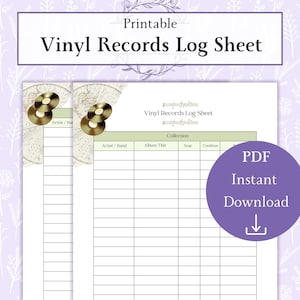 Logg för vinylskivor utskrivbar PDF, spårning av skivsamling, inventering av vinylskivor, logg för vinylsamling, spårning av musiksamling