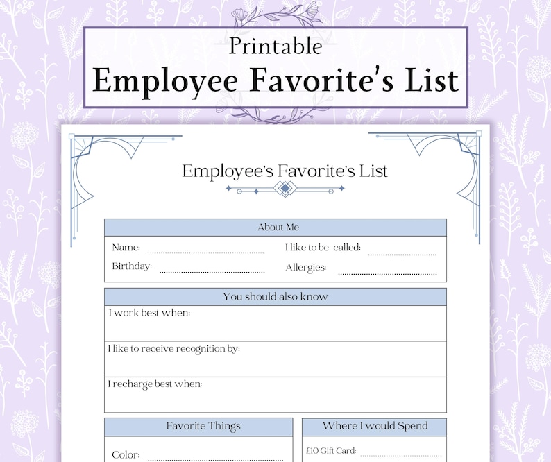 Employee Favorites Form Printable PDF | All About Me | Introduce ...
