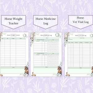 May include: Three printable log sheets for horses featuring a Horse Weight Tracker, Horse Medicine Log, and Horse Vet Visit Log. Each page includes columns for data entry, a notes section, and illustrations of horses with green foliage accents.