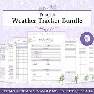 May include: A printable weather tracker bundle with a floral design. The bundle includes several pages for tracking weather conditions, including temperature, sky conditions, and precipitation. The text "Weather Tracker Bundle" is displayed prominently. The download is available in US Letter size.