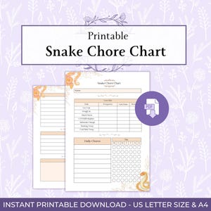 Op de afbeelding: Printbare Snake Chore Chart met een paarse en witte bloemenachtergrond. De kaart bevat secties voor zorginfo en dagelijkse taken. De tekst "INSTANT PRINTABLE DOWNLOAD - US LETTER SIZE & A4" staat onderaan.