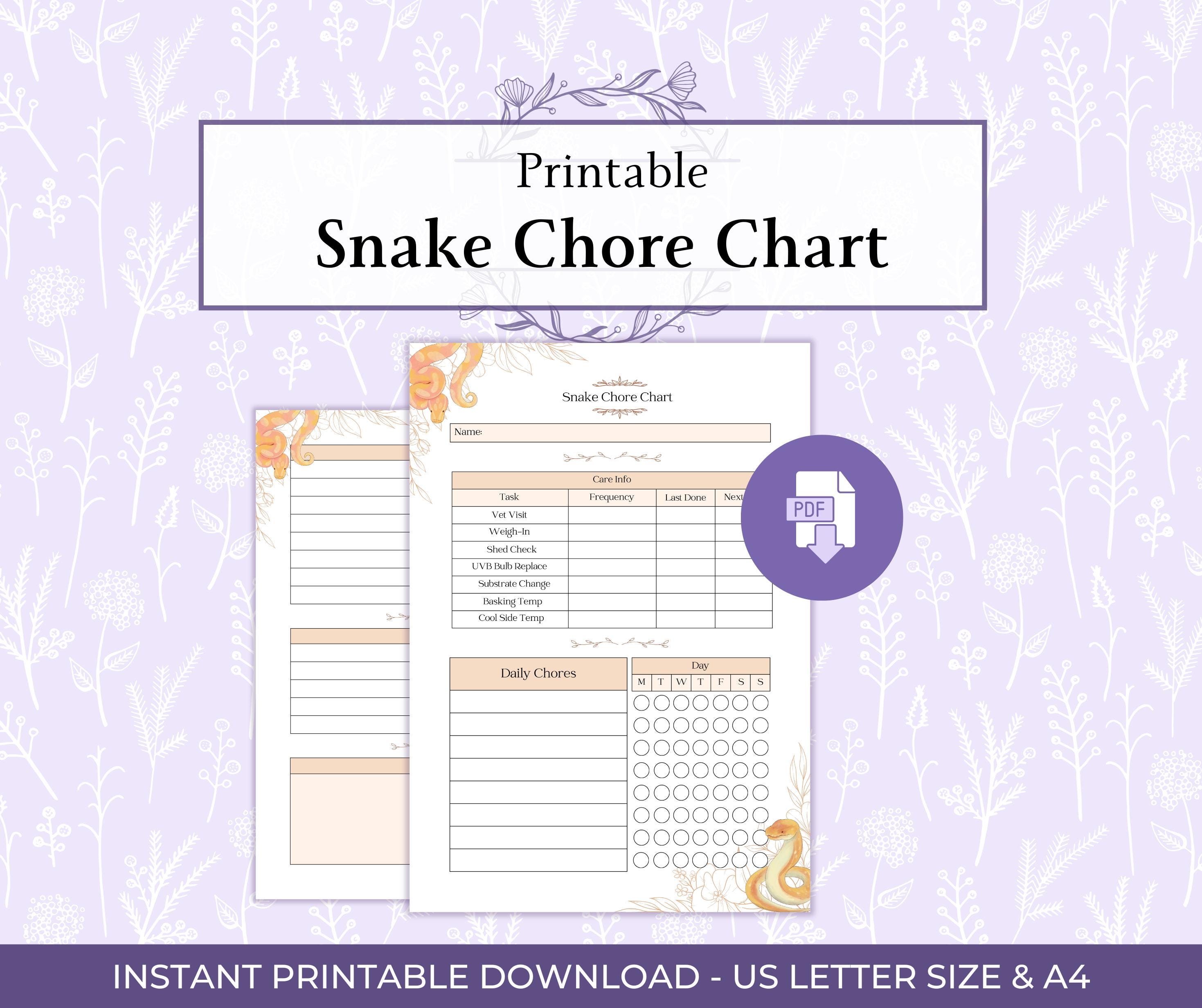 Snake Health Check Guide.pdf Snake Chore Chart Printable PDF, Reptile Care Responsibility Tracker ...