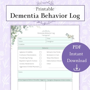 Könnte beinhalten: Druckbarer Demenz-Verhaltens-Logbuch mit einem grün-weißen floralen Design. Das Logbuch enthält Abschnitte für Datum, Uhrzeit, Betreuer, Verhalten, Notizen sowie das, was zuvor geschah, und die Reaktion des Betreuers und die Intervention.