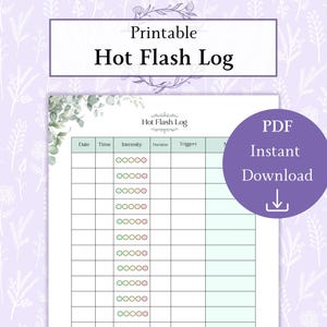 Op de afbeelding: Een afdrukbaar Hot Flash Log met een bloemenontwerp. Het logboek bevat secties voor datum, tijd, intensiteit, duur en triggers. Een paarse cirkel met de tekst "PDF Direct downloaden" staat rechts.