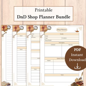 Puede incluir: Paquete de planificadores de tiendas Dungeons and Dragons imprimibles con cuatro páginas. Las páginas están decoradas con un diseño de estilo vintage que incluye una llave, una lupa y un libro. Las páginas incluyen secciones para el nombre, el tipo, el dueño de la tienda, los detalles, la ubicación, la descripción, la estética, la seguridad, los ganchos de búsqueda/trama y las notas.
