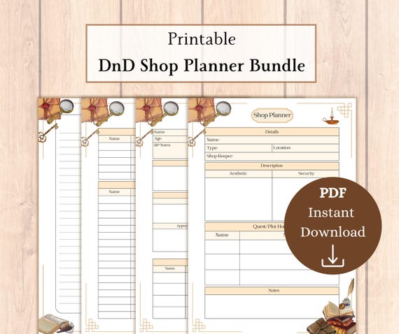 DnD Shop Planner Bundle Printable PDF | DM Starter Kit | NPC Tracker | DnD Shop Inventory | DnD Campaign Planner