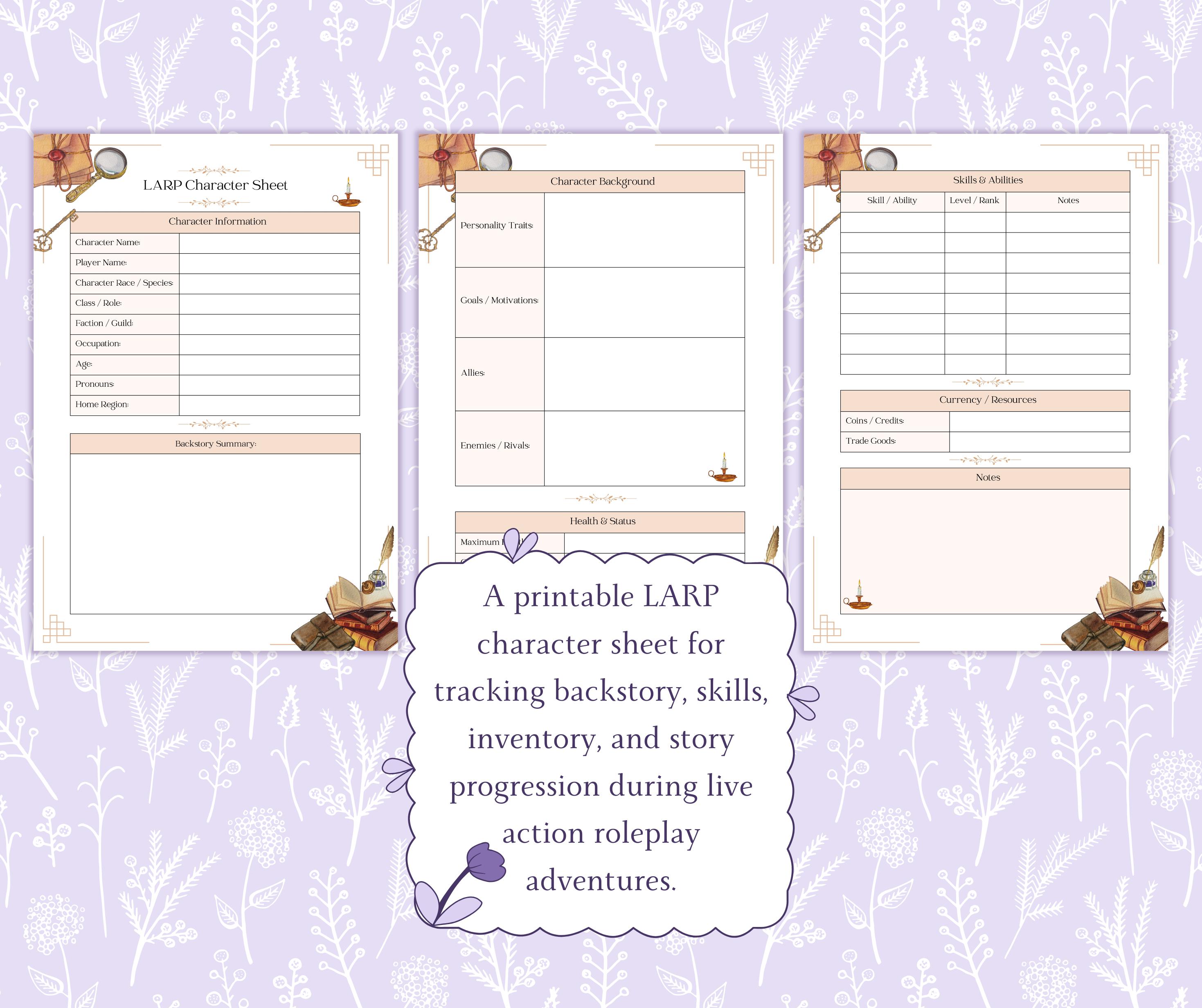 LARP Character Sheet Printable PDF, Fantasy Roleplay Character Tracker ...