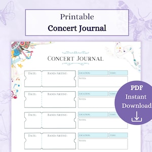 Konzert Journal Druckbare PDF | Gig-Tracker | Konzert-Tagebuch | Tagebuch | Musiker Spielplan | Gig Journal