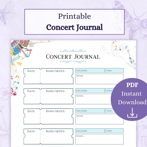 Concert Journal Printable PDF | Gig Tracker | Concert Log | Gig Diary | Musician Schedule | Gig Journal