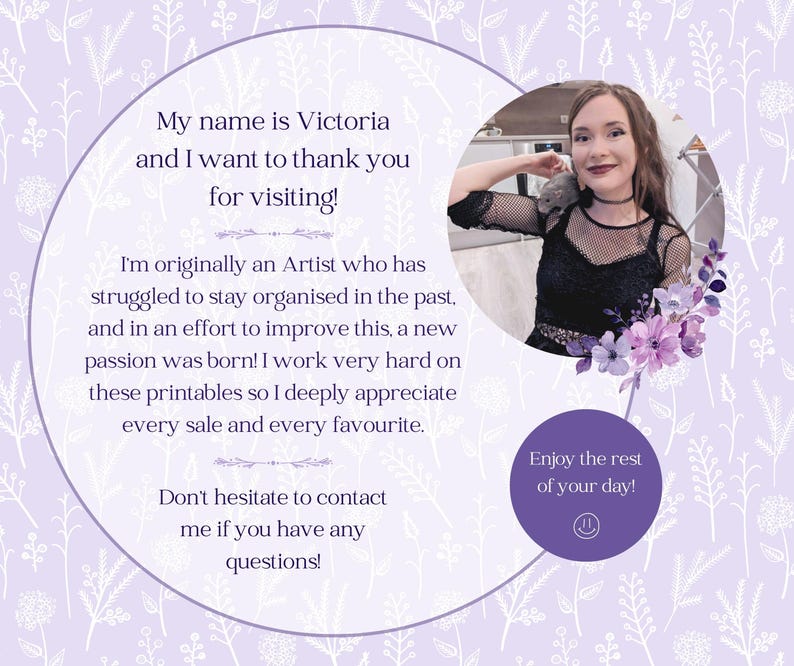 May include: A light purple background with a floral pattern and text that reads, "My name is Victoria and I want to thank you for visiting!" A woman is pictured in a circular frame.