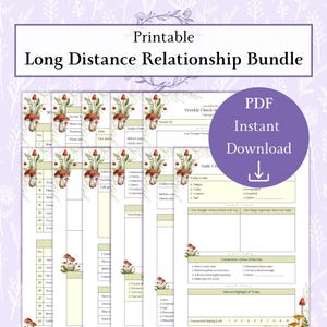 Könnte beinhalten: Druckbares Fernbeziehungs-Bundle. Das Bild zeigt eine Sammlung druckbarer Planerseiten mit Pilzillustrationen. Die Seiten enthalten Abschnitte für tägliche und wöchentliche Check-ins, mit dem Text "PDF Sofort-Download."