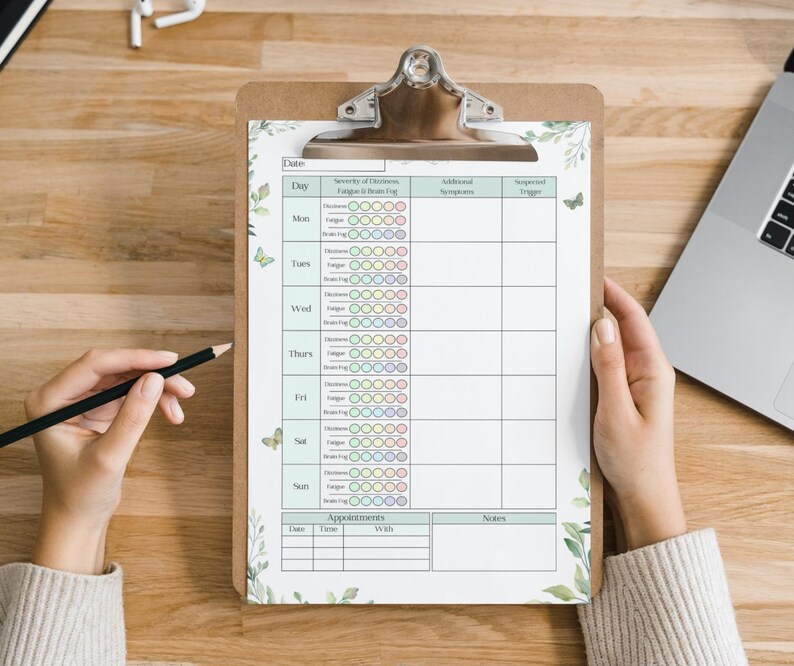 May include: A printable daily tracker with a floral design. The tracker includes sections for tracking the severity of symptoms, additional symptoms, and potential triggers. The tracker also includes a section for appointments and notes.