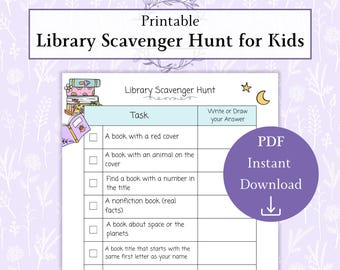 Chasse au trésor dans la bibliothèque pour enfants PDF imprimable | Chasse au trésor de livres de cours à la bibliothèque | Activités de la bibliothèque pour enfants