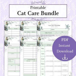Pacchetto di tabelle di cura per gatti PDF stampabile / Scheda informativa sul gatto / Programma di alimentazione per gatti / Registro delle visite dal veterinario / Registro dei farmaci / Registro dei vaccini