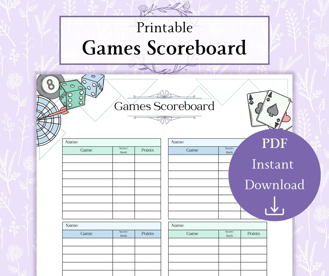 Games Scoreboard Printable PDF | Games Ranking | Board Game Party Sheet ...