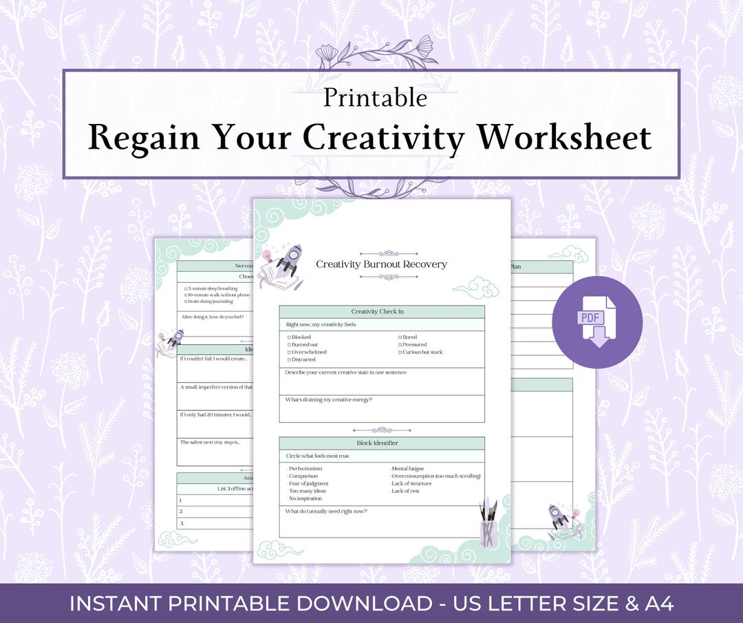 Creativity Through Recovery Worksheet.pdf Regain Your Creativity Worksheet Printable PDF, Creative Block Reset ...