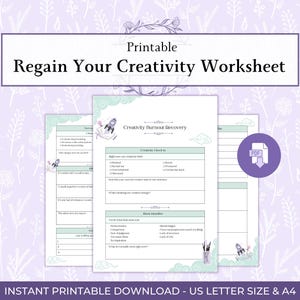Może przedstawiać: Drukowany "Regain Your Creativity Worksheet" z kwiatowym wzorem. Arkusz zawiera sekcje do sprawdzania kreatywności i identyfikatora bloku. Plik PDF do pobrania jest dostępny w formacie A4.