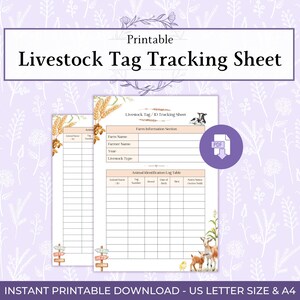 May include: A printable livestock tag tracking sheet featuring a farm information section and an animal identification log table. The document includes illustrations of wheat, a cow, a goat, a chick, and wooden signs on a white background.