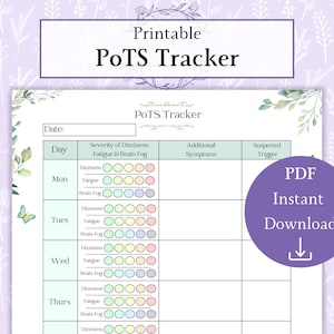 May include: Printable POTS Tracker, a light green and white chart with a floral design. The chart has columns for day of the week, severity of dizziness, fatigue, and brain fog, additional symptoms, and suspected trigger. The chart has a section for each day of the week, Monday through Thursday. Each section has a row for dizziness, fatigue, and brain fog. Each row has a series of 10 circles that can be colored in to indicate the severity of the symptom. The chart also has a section for additional symptoms and suspected trigger. The chart is designed to help people track their symptoms of POTS.