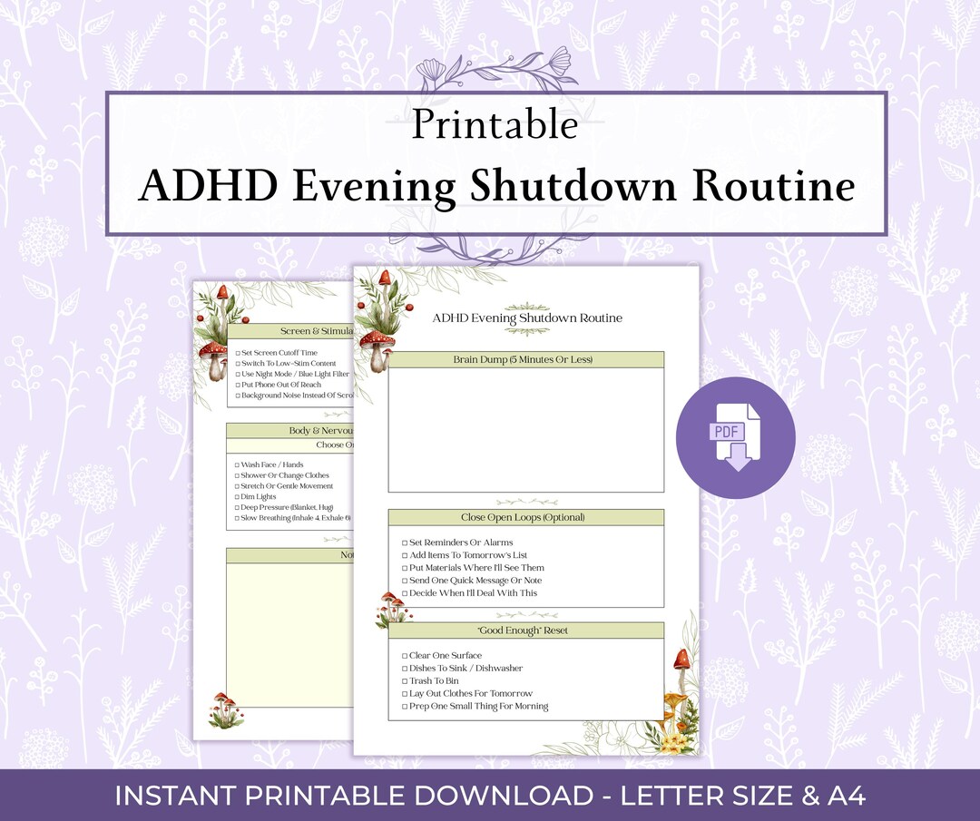 ADHD Evening Shutdown Routine Printable PDF, Night Routine for Adults ...