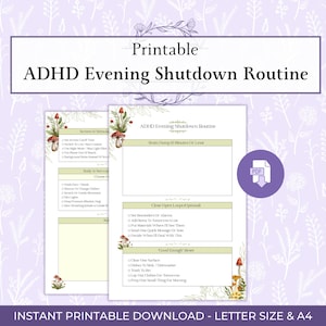 Peut inclure: Document imprimable de la routine du soir pour le TDAH, avec un fond floral violet. Le document comprend des sections pour le temps d'écran, le corps et le système nerveux, et la fermeture des boucles ouvertes. Disponible en format lettre et A4.
