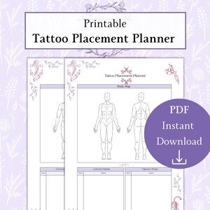 Puede incluir: Planificador imprimible de colocación de tatuajes con diagramas de mapas corporales. El diseño incluye un círculo púrpura con el texto "PDF Descarga instantánea" y una flecha hacia abajo. El planificador presenta un mapa corporal para la colocación de tatuajes.