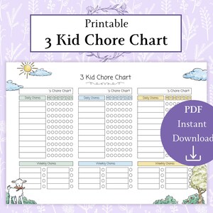May include: Printable chore chart for three children with a blue, yellow, and green color scheme. The chart includes sections for daily and weekly chores with checkboxes for each chore. The chart is decorated with a sun, clouds, and a cartoon lamb.