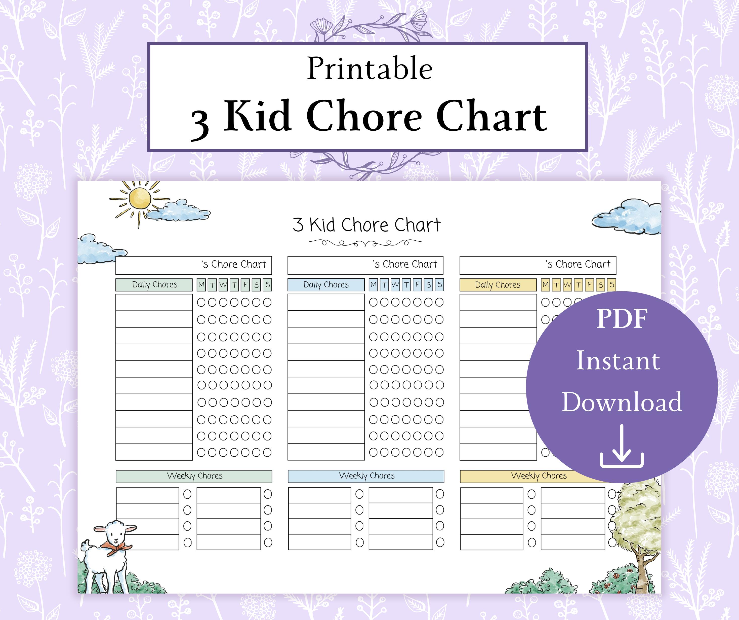 3 Kid Chore Chart Printable PDF | Chore Chart for Kids | Responsibility