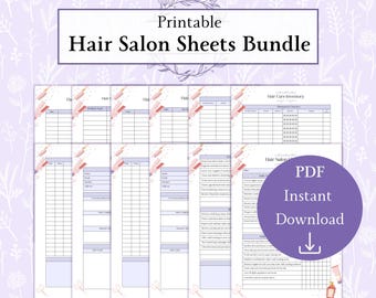 May include: Printable hair salon sheets bundle in PDF format. The bundle includes sheets for client intake, inventory, and salon services. The sheets are decorated with pink and gold confetti.