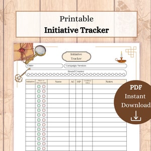 May include: Printable initiative tracker with a vintage aesthetic. The tracker has sections for date, campaign/session, round counter, initiative, player or DM controlled, name, AC, HP, condition/effect, and notes. The tracker is decorated with a magnifying glass, a candle, and a key.