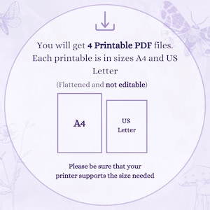 May include: A digital download graphic with a light purple background and decorative illustrations of moths and flowers. The text states that the download includes 4 printable PDF files in A4 and US Letter sizes. The text also notes the files are flattened and not editable.