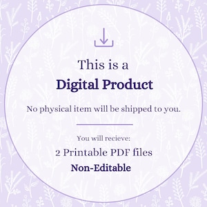 Peut inclure: Annonce d'un produit num&eacute;rique sur un fond lavande avec un motif floral. Le texte &agrave; l'int&eacute;rieur d'un cercle blanc indique "This is a Digital Product" et d&eacute;taille les fichiers t&eacute;l&eacute;chargeables.