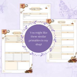 May include: Printable Dungeons and Dragons (D&D) campaign planning and tracking sheets. The sheets feature a vintage aesthetic with illustrations of a magnifying glass, a key, and a quill pen. The text on the sheets includes "Campaign Timeline", "DnD Session Notes", and "NPC Tracker".