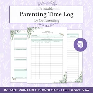 May include: Printable parenting time log for co-parenting, featuring a clean layout with sections for tracking time, variations, and notes. The design includes floral accents and a PDF download icon. Letter size and A4.
