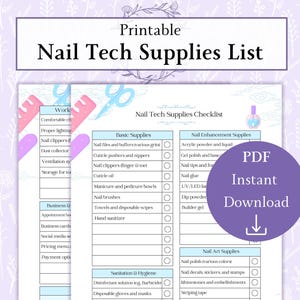 Lista materiałów eksploatacyjnych dla techników paznokci do druku w formacie PDF | Lista kontrolna salonu paznokci | Lista kontrolna materiałów eksploatacyjnych dla techników paznokci | Śledzenie zapasów kosmetyków