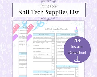 Nail Tech Supplies List Printable PDF | Nail Salon Checklist | Nail Tech Inventory Supplies Checklist | Beauty Inventory Tracker