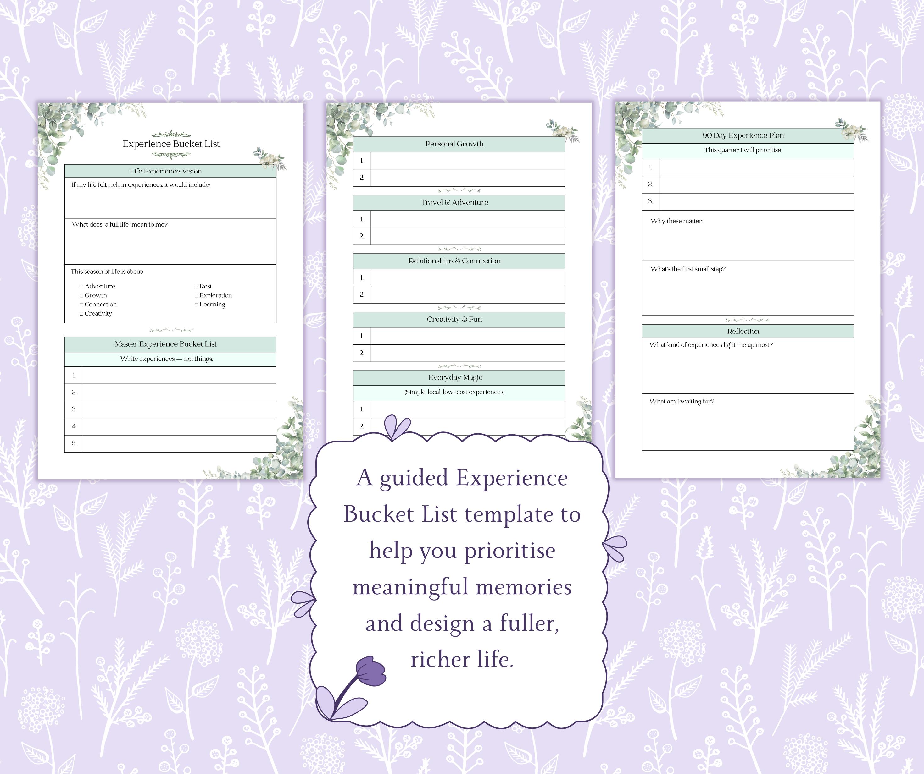 Experience Bucket List Printable PDF, Live More Not More Stuff Planner ...