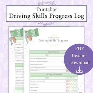 May include: Printable driving skills progress log with a green and white color scheme. The log includes sections for basic controls and driving techniques. Each section has a list of skills and a confidence rating scale with circles to color in.