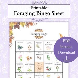 Könnte beinhalten: Druckbares Foraging-Bingo-Blatt mit Aquarellillustrationen von essbaren Pflanzen und dem Text "Foraging Bingo". Enthält einen lila Kreis mit "PDF Sofort-Download" und einem Download-Pfeil. Das Blatt zeigt ein Raster mit verschiedenen Pflanzennamen.