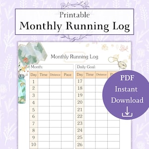 Maandelijks hardlooplogboek afdrukbare pdf | Hardloopschema | Trainingsplanner | Joggingdagboek | Hardloopdagboek | Maandelijks fitnessdagboek