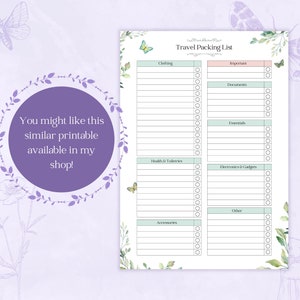 Puede incluir: Una lista de empaque para viajes imprimible con un dise&ntilde;o floral. La lista est&aacute; dividida en categor&iacute;as: Ropa, Importante, Documentos, Esenciales, Salud y art&iacute;culos de tocador, Electr&oacute;nica y dispositivos, Otros y Accesorios. Cada categor&iacute;a tiene una lista de verificaci&oacute;n con espacios en blanco para agregar art&iacute;culos.