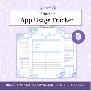 Peut inclure: Un document imprimable de suivi de l'utilisation des applications hebdomadaires avec des sections pour l'aperçu mensuel, les objectifs de temps d'écran et le suivi des applications. Il inclut des tableaux, des icônes de téléphone et des accents bleus.
