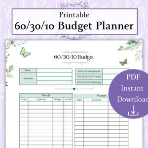 May include: A printable 60/30/10 budget planner with a floral and butterfly design. The planner includes sections for income, needs, wants, and savings. A purple circle with the text "PDF Instant Download" is on the right.