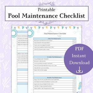 May include: Printable pool maintenance checklist with a blue and white color scheme. The checklist includes daily, weekly, and monthly tasks for maintaining a pool. The checklist is labeled with the text "Pool Maintenance Checklist" and "PDF Instant Download".